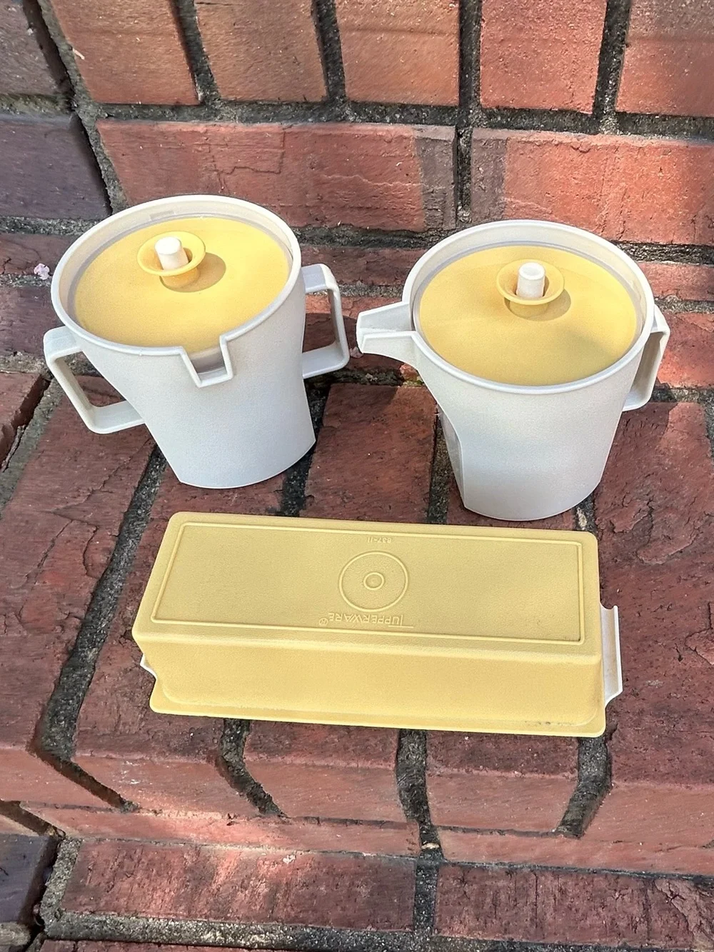 Vintage 1970s Tupperware Almond Harvest Gold Creamer, Sugar Pitcher & Butter Set